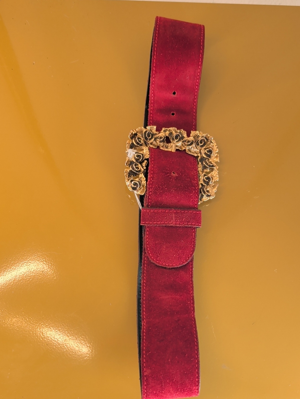The Limited Red Velvet Belt with Ornate Gold Floral Buckle